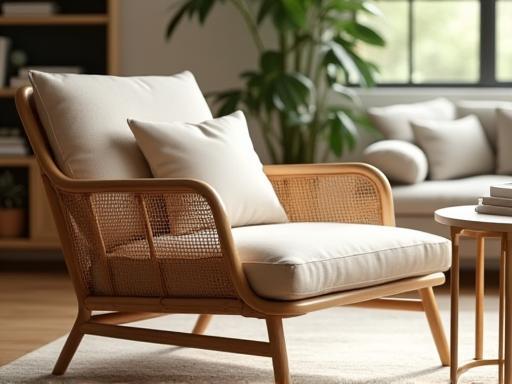 Comfortable rattan lounge chair in a living room